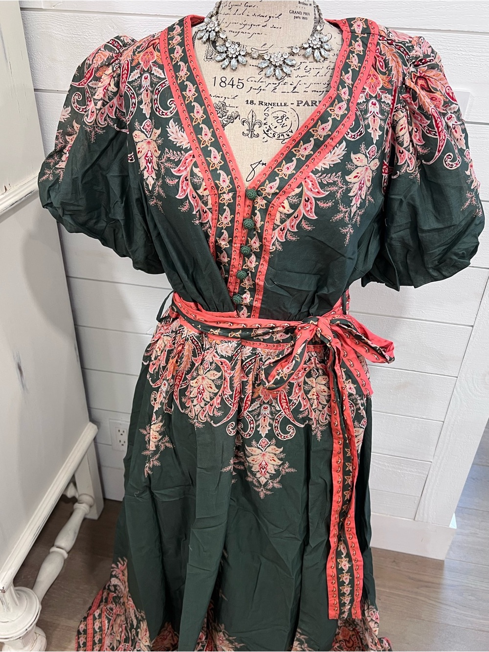 City Chic Dark Green and Coral Paisley Wrap Maxi Dress
